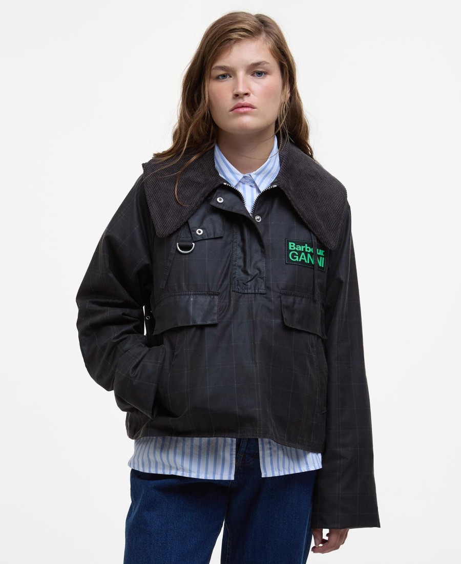 woskowana kurtka anorak barbour x ganni w szkocką kratę