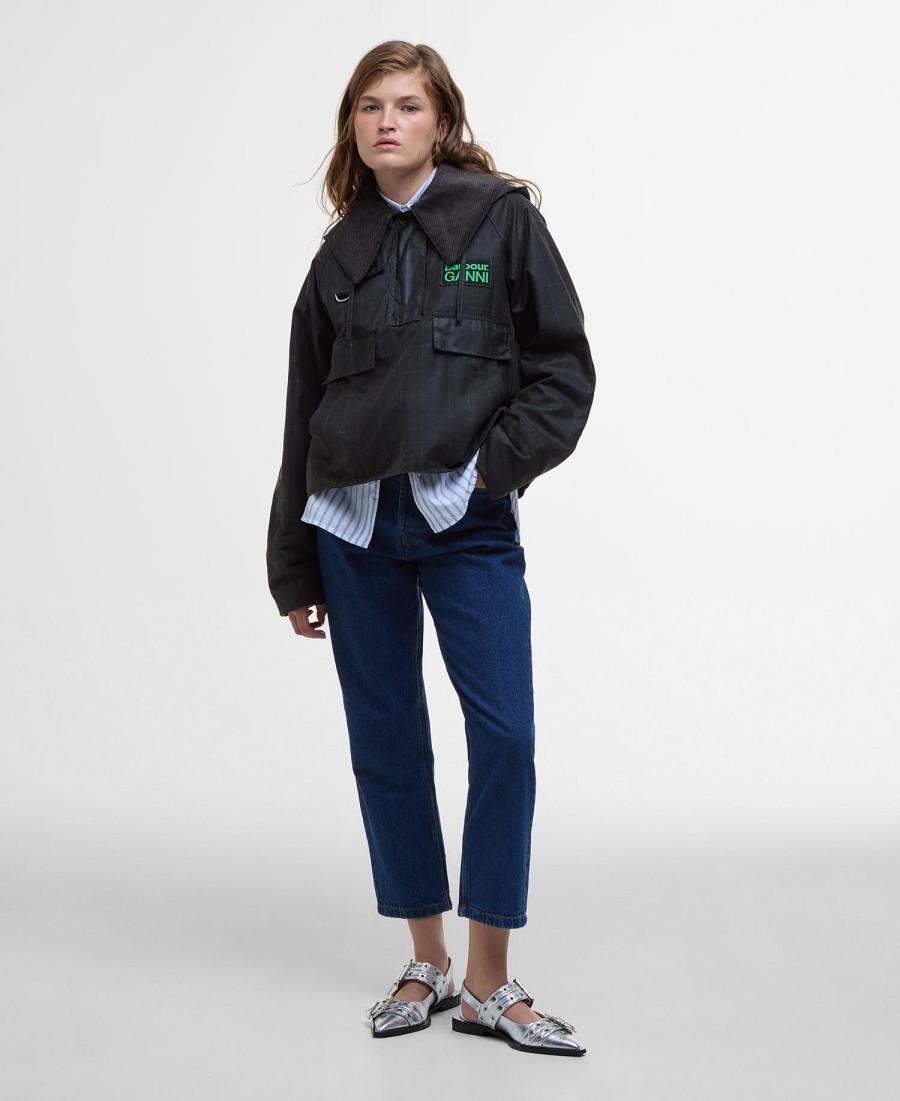 woskowana kurtka anorak barbour x ganni w szkocką kratę