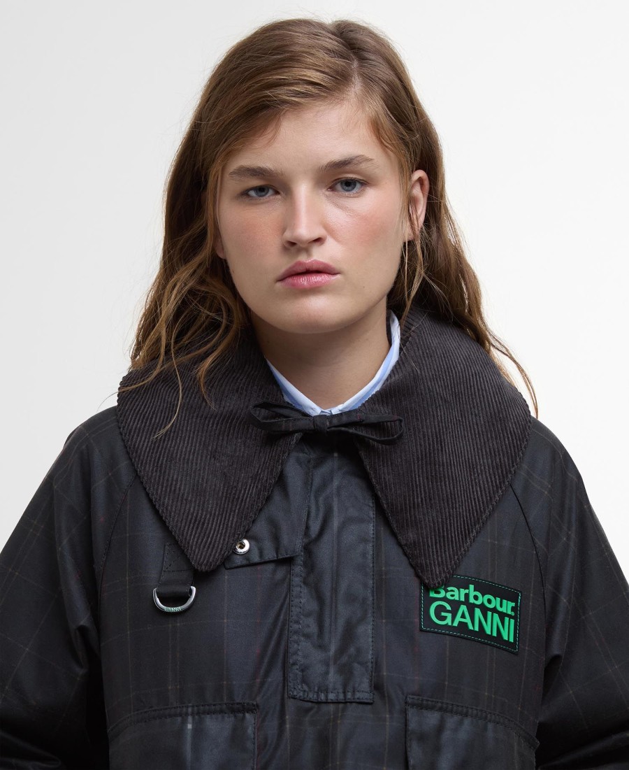 woskowana kurtka anorak barbour x ganni w szkocką kratę