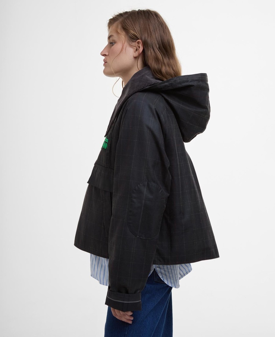 woskowana kurtka anorak barbour x ganni w szkocką kratę
