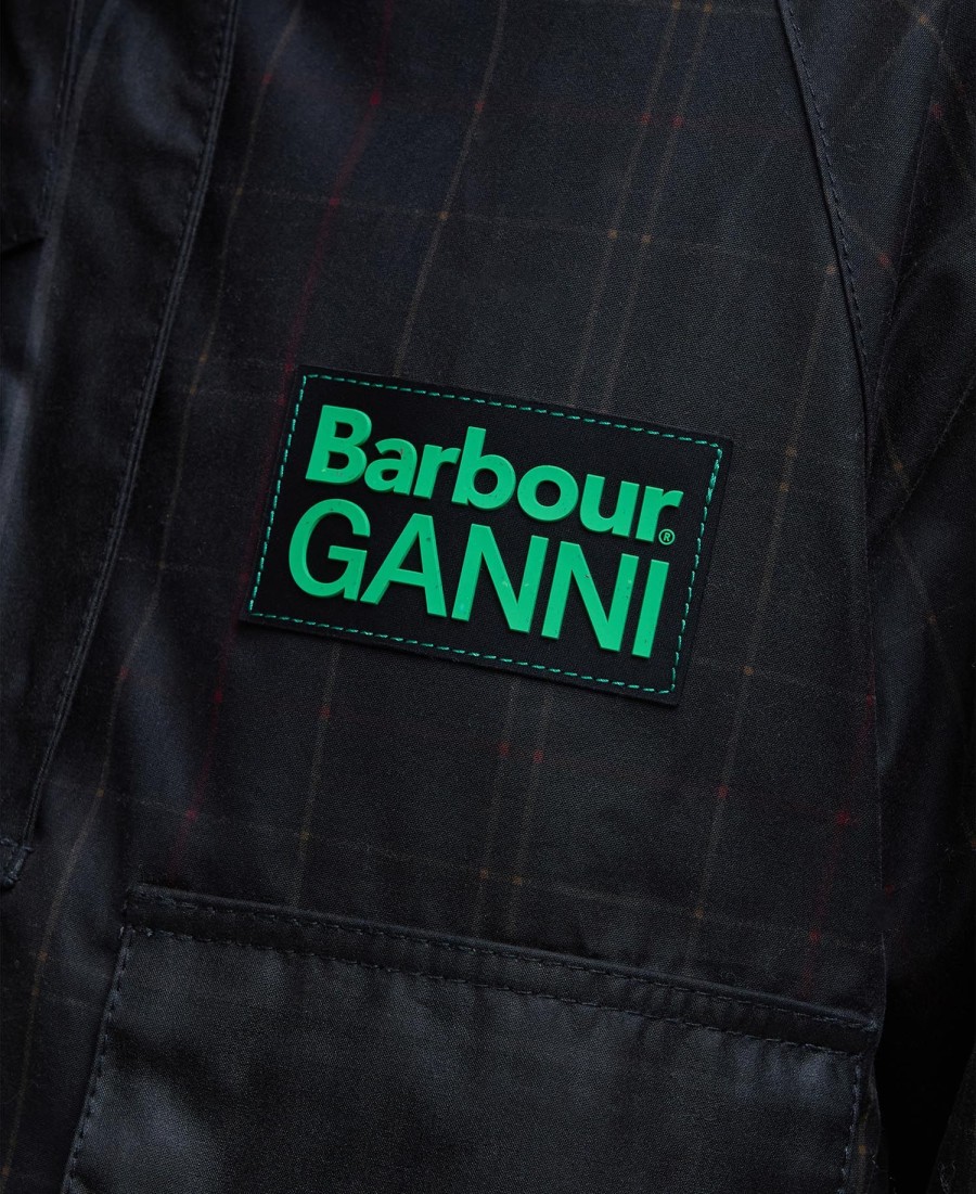 woskowana kurtka anorak barbour x ganni w szkocką kratę