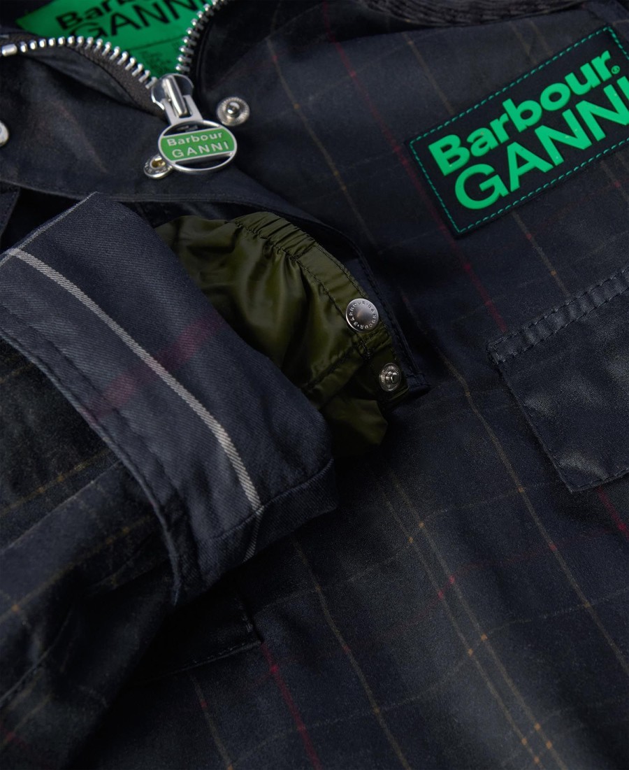 woskowana kurtka anorak barbour x ganni w szkocką kratę